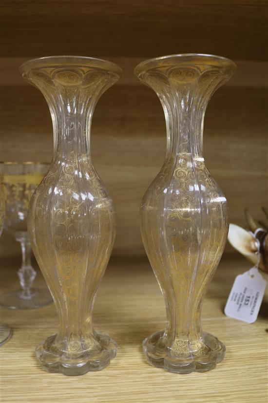 A pair of Bohemian gilt etched glass vases and assorted glassware
